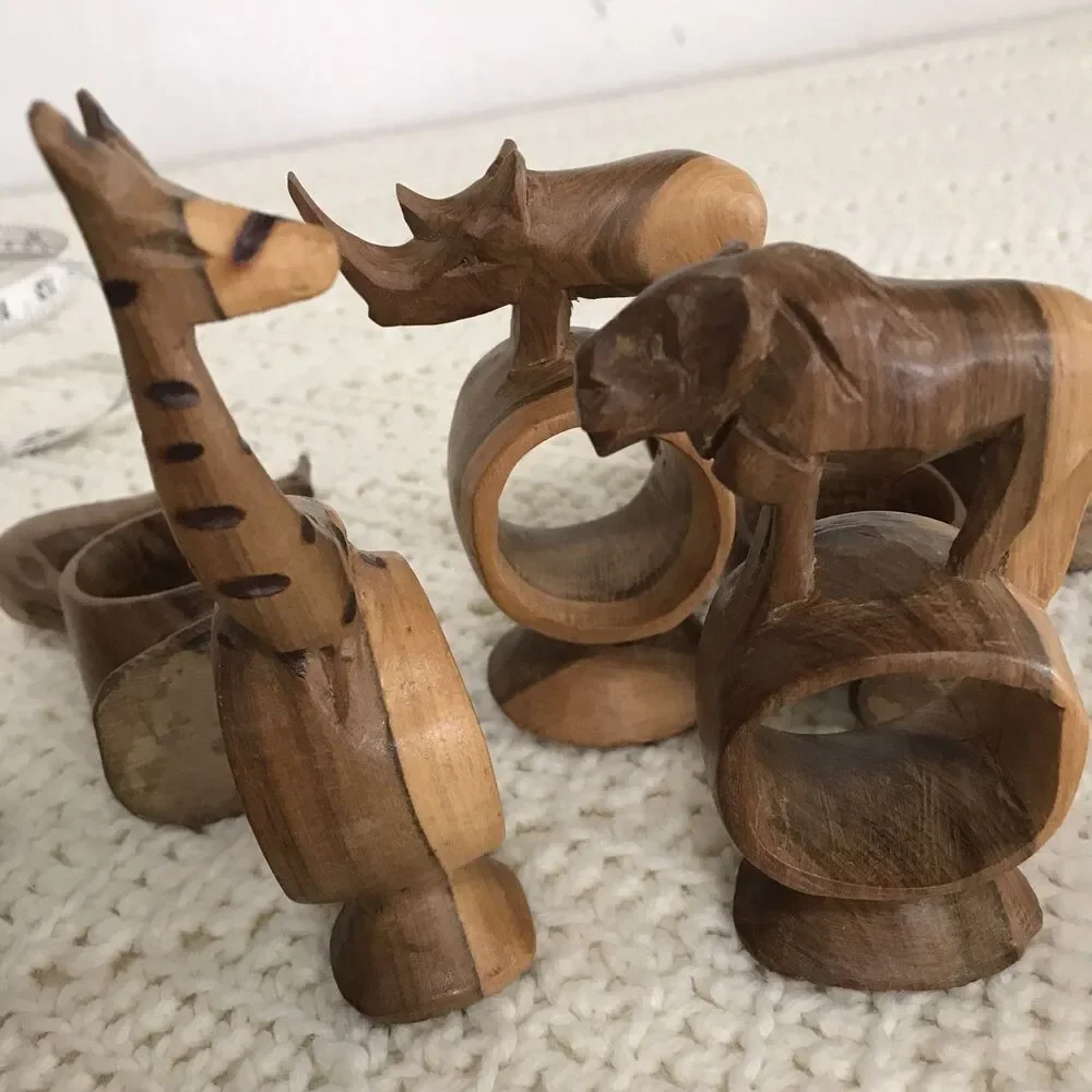 Vintage Hand Carved Wooden African Safari Animal Napkin Ring Holders Set of 8